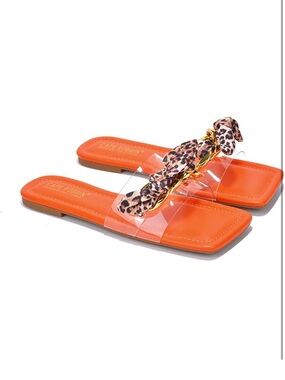 Cape Robbin Clear Strap Orange Slide Sandals with Leopard Knot